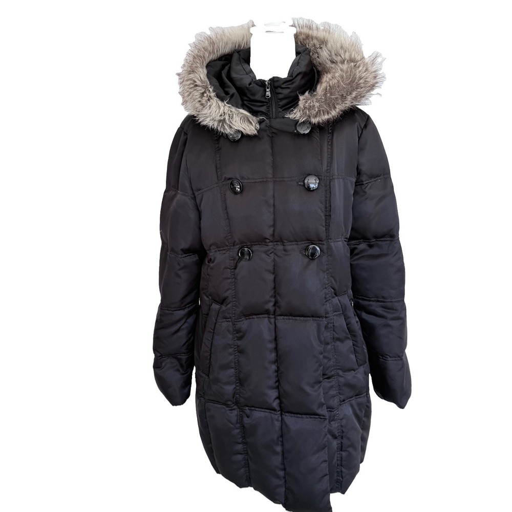GUESS Womens XL Black Down Puffer Coat Faux Fur Hood Y2K Long Winter Parka EUC